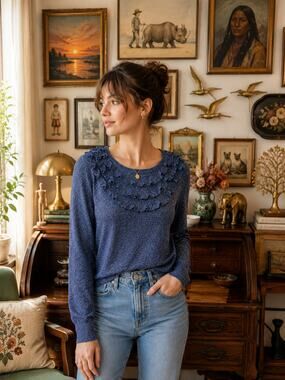 Anthropologie Andersen & Lauth Metallic Blue Ruffle Sweater XS Shimmer Knit